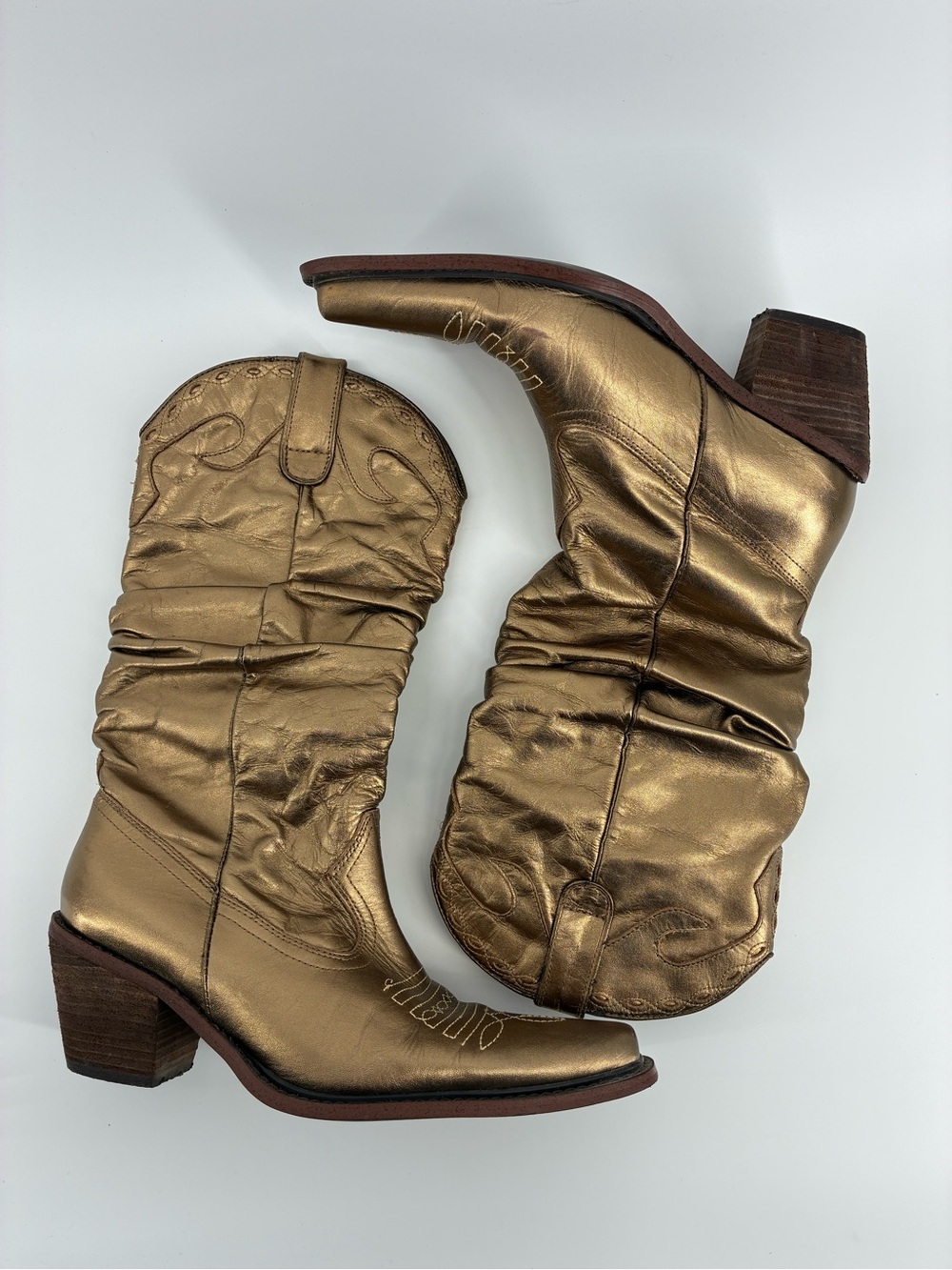 Steve Madden Leather Metallic Gold Western Mid Rise Ankle Boots for Women